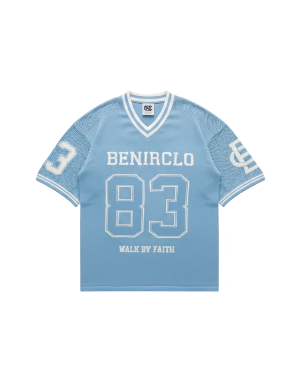 Benir Clothing light blue knit jersey featuring number 83, white striped V-neck, and Walk By Faith text.